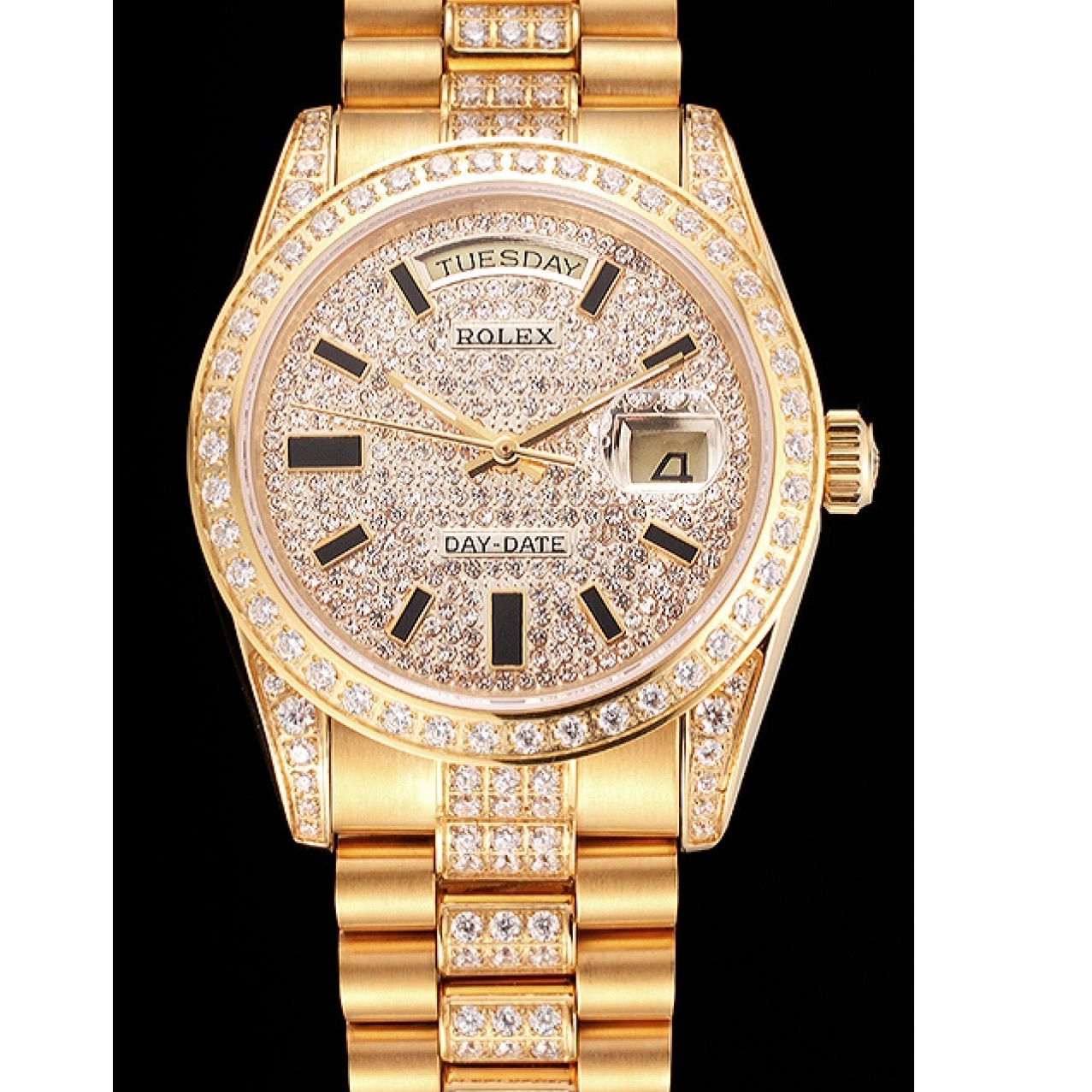 Aaa replica watch Gold Swiss Rolex Day Pave Yellow Date Diamond 0825